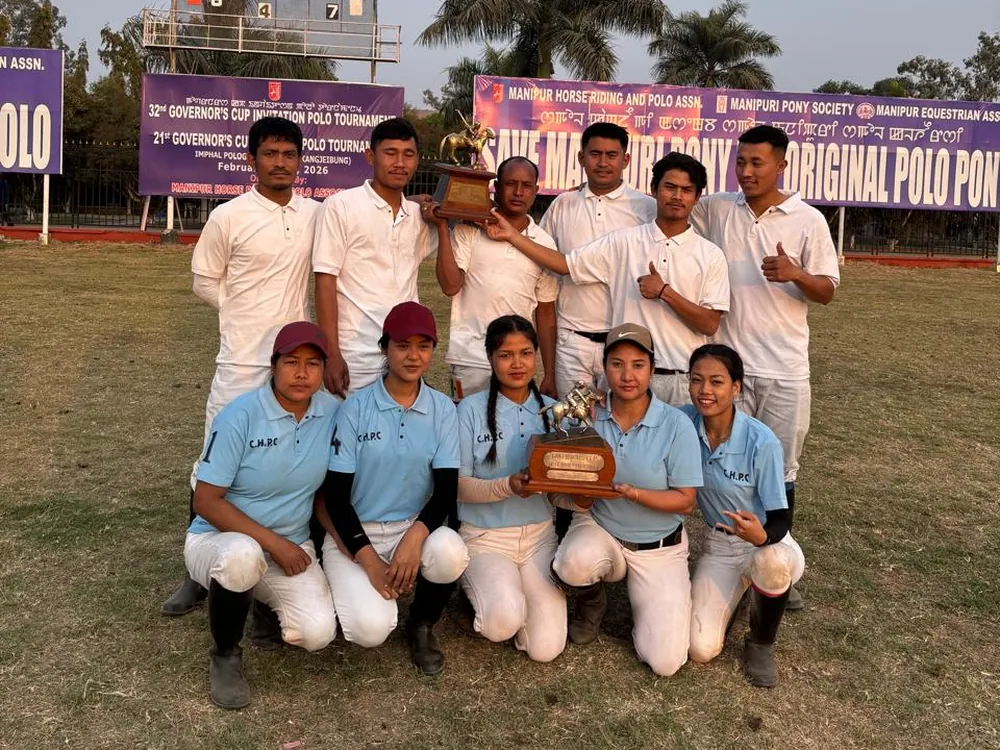 Chingkhei Hunba Polo Club's men's and women's teams with both Governor's Cup trophies at Mapal Kangjeibung, February 2026